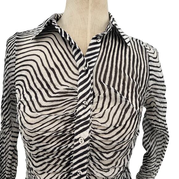 Tanya Taylor Shirt Top Blouse Button Down Ruched Zebra Print Silk Size 2 - Picture 3 of 13